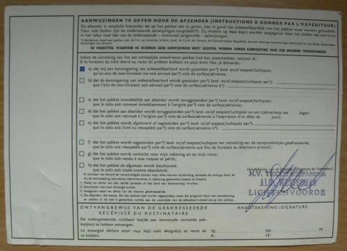 1967 Netherlands to Bloemfontein customs parcel post card with order details