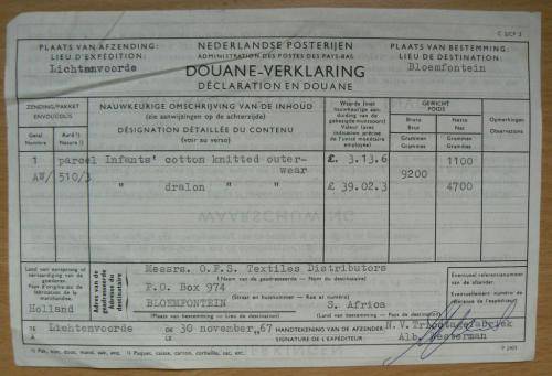 1967 Netherlands to Bloemfontein customs parcel post card with order details