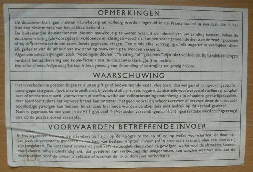 1967 Netherlands to Bloemfontein customs parcel post card with order details