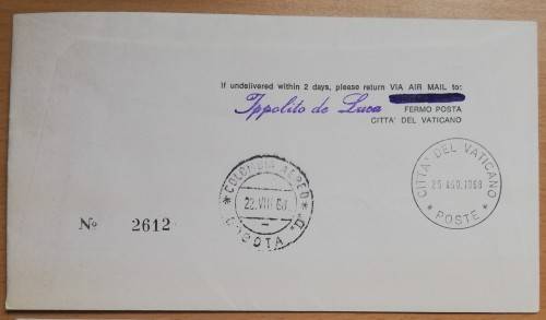 1968 Vatican City highly collectable Venetia Club FDC Bogota - numbered