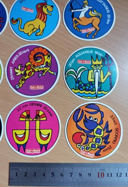 Full set of 12 Dairy Maid zodiac card stickers, 1970s
