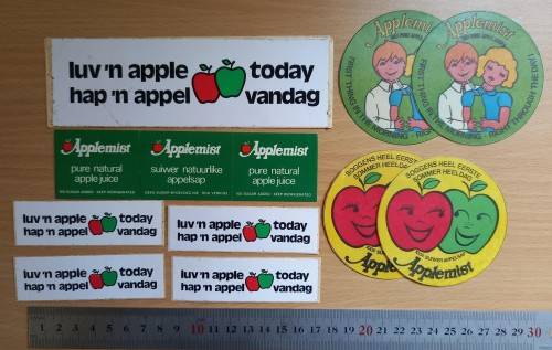 Lot of 13 vintage Applemist apple juice & `luv `n apple` stickers