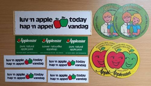 Lot of 13 vintage Applemist apple juice & `luv `n apple` stickers