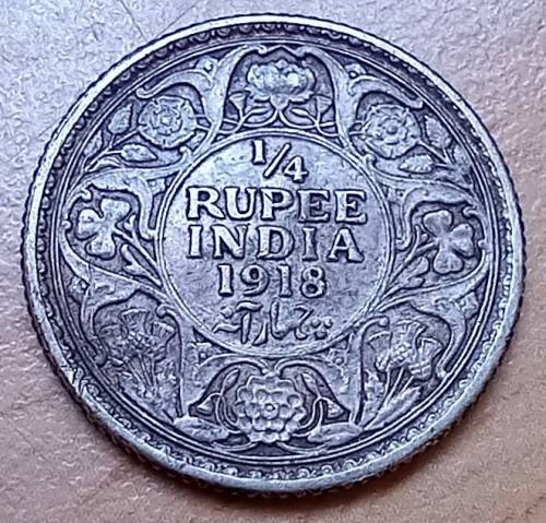 1918 India 1/4 Rupee, silver