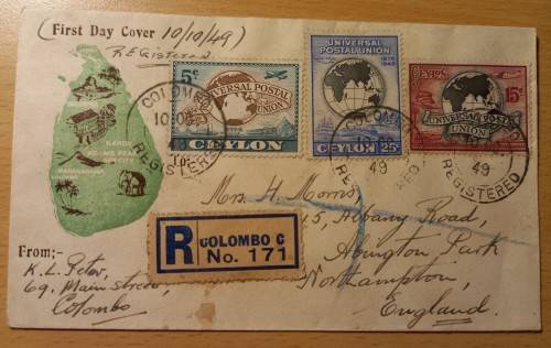 Ceylon 1949 registered FDC, Colombo to England