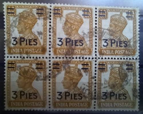 1946 India 3 Pies overprint block of 6, used