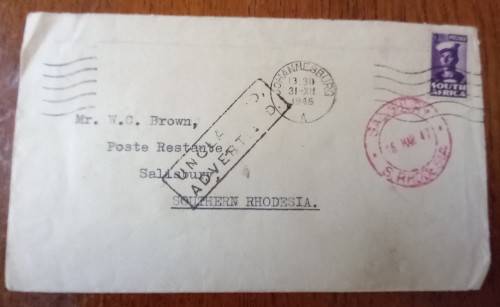1947 SA Union cover Johannesburg to Southern Rhodesia, unclaimed, returned