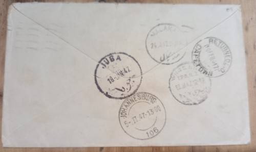 SA Union 1946 cover Johannesburg to SAAF detachment in Anglo Egyptian Sudan - returned