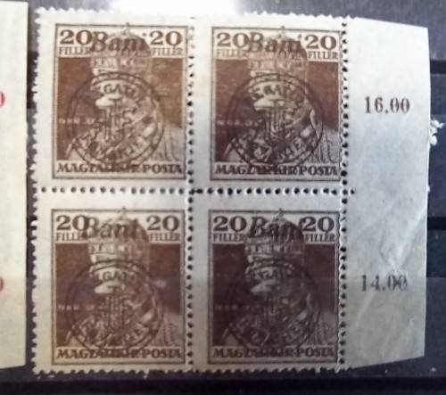 1919 Romania overprint on Hungary 1916-1919 4 blocks of 4 MH `Regatul Romaniei`