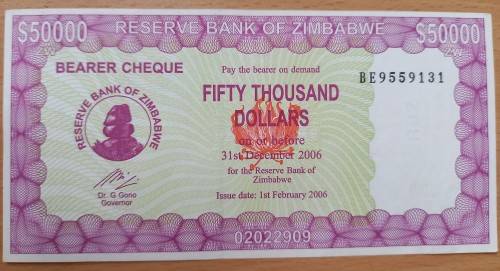 2006 Zimbabwe Emergency Bearer Cheque $50 000 & $100 000 UNC