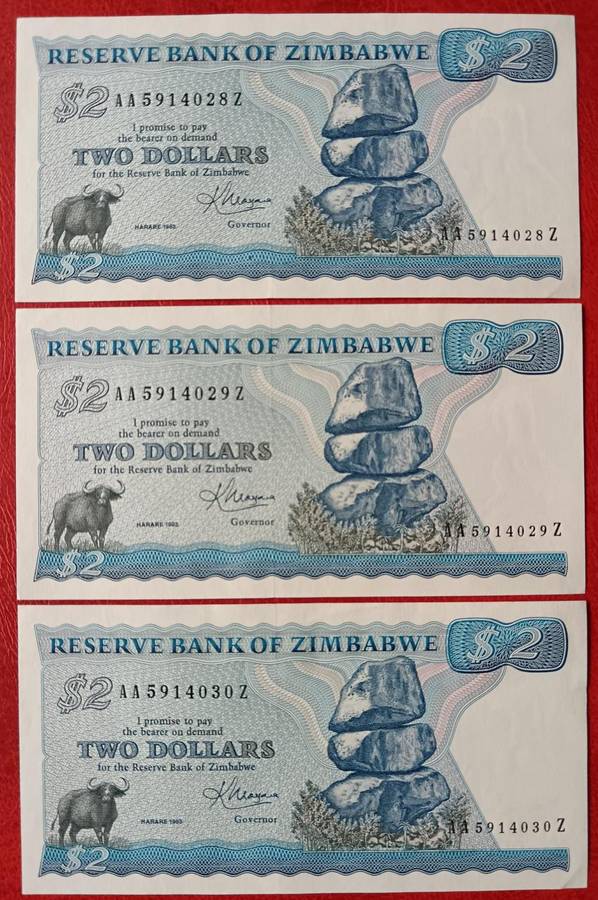 Zimbabwe $2 1983 Harare 3 UNC notes in sequence - Series AA-Z