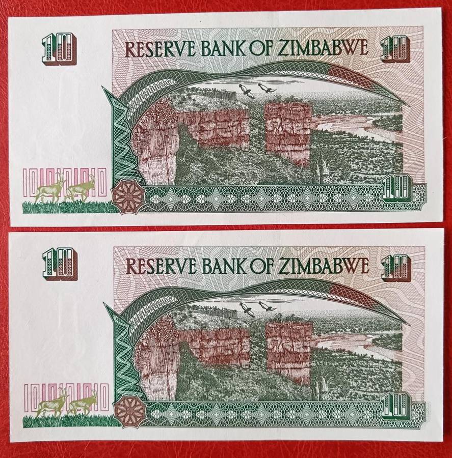 Zimbabwe $10 1997 2 UNC notes in sequence - Series CG