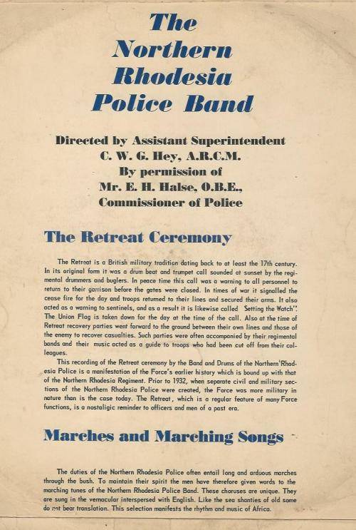Northern Rhodesian Police Band. The Retreat Ceremony. Vinyl LP.