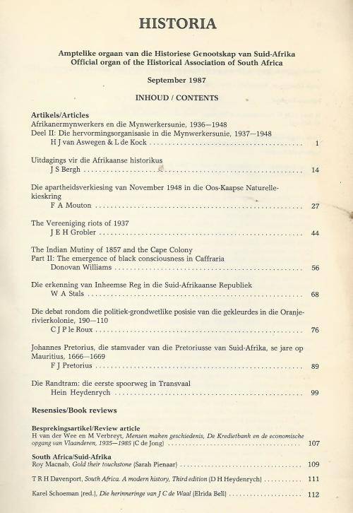 Historia Sept 1987.  Mynwerkersunie.  Vereeniging riots of 1937,  Die Randtram.
