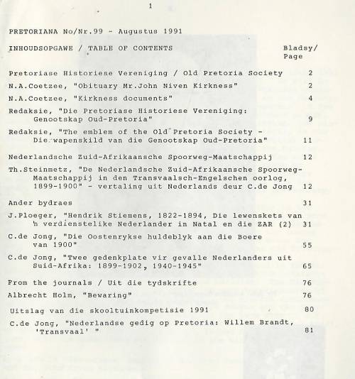 Pretoriana. Tydskrif / Magazine. Nr 99. Aug 1991.