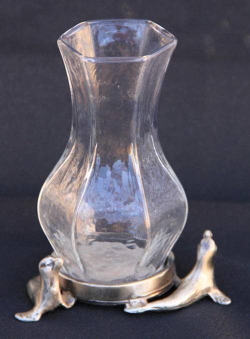 SMALL GLASS VASE ON METAL "SEALS" STAND - very unusual!