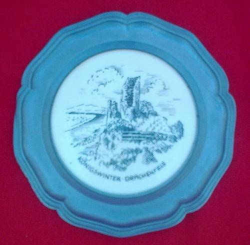 Lovely small PEWTER WALL PLATE WITH TILE ("Konigswinter-Drachenfels") IN MIDDLE.
