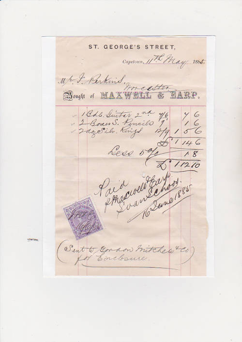 1885 dated invoice from maxwell & earp  with a  cape of good hope stamp stating the stamp act 1864