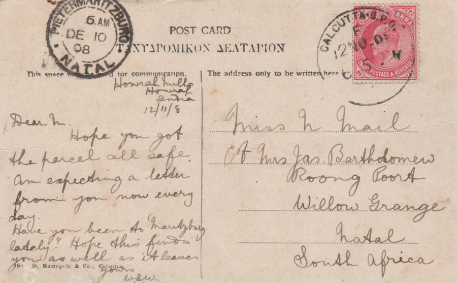 USED POST CARD CALCUTTA 1908