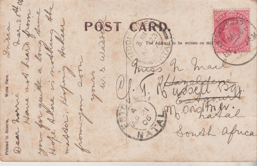 USED POST CARD INDIA 1906