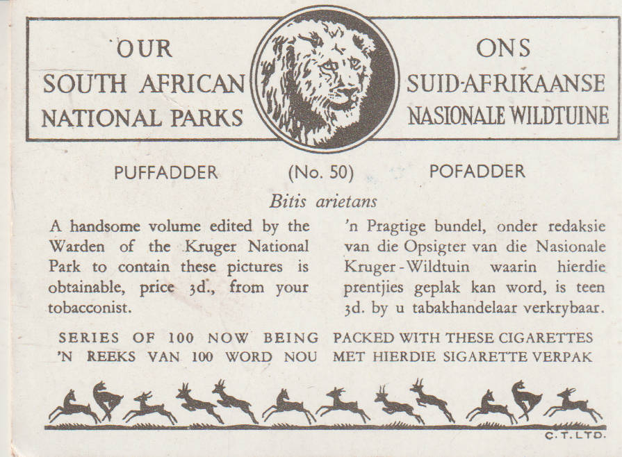 CIGARETTE CARD OUR SOUTH AFRICAN NATIONAL PARKS NO 50