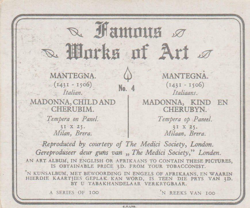 CIGARETTE CARD FAMOUS WORKS OF ART NO 4