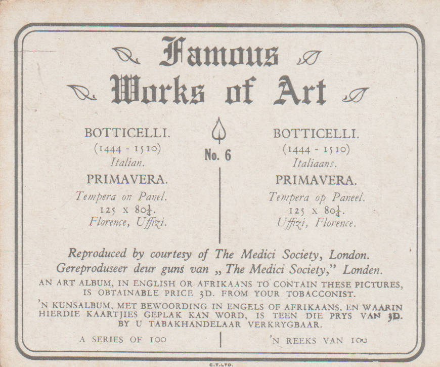 CIGARETTE CARD FAMOUS WORKS OF ART NO 6