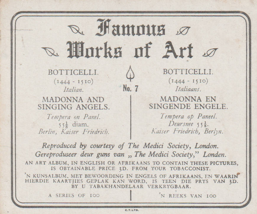 CIGARETTE CARD FAMOUS WORKS OF ART NO 7