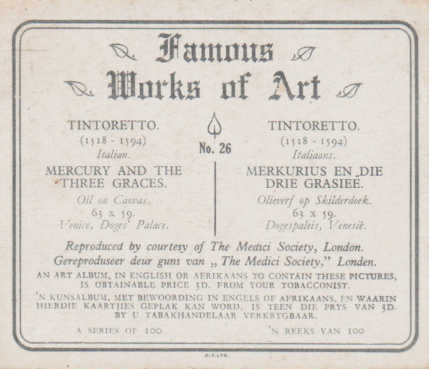 CIGARETTE CARD FAMOUS WORKS OF ART NO 26