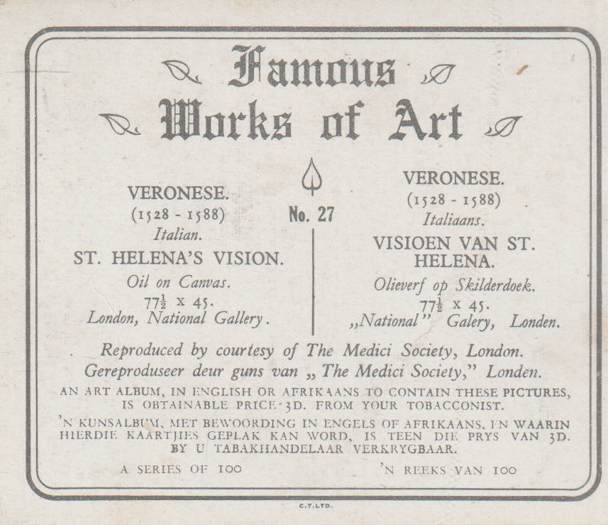 CIGARETTE CARD FAMOUS WORKS OF ART NO 27