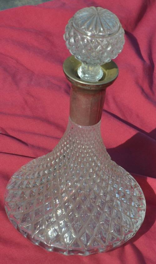 ANTIQUE HANDCUT CRYSTAL (?) DECANTER WITH MASSIVE METAL NECK - read instructions