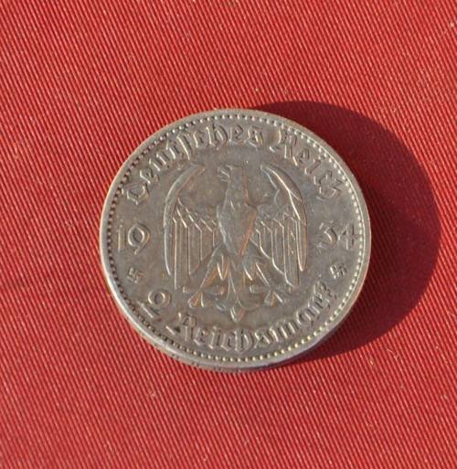 DEUTSCHES REICH - 2 REICHSMARK 1934 F CHURCH DATE - 62.5% Ag - rare German numismatic collectible