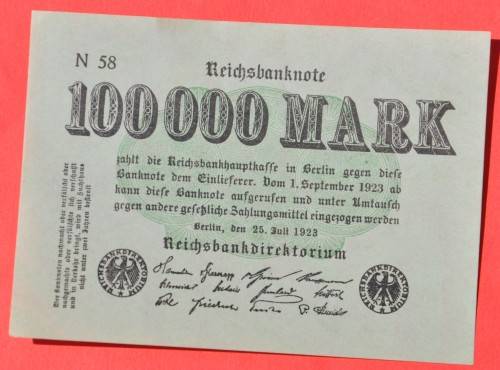 GERMANY 100,000 Mark 1923  - Weimar Republic DEUTSCHES REICH, Ro. 90a ***UNC***