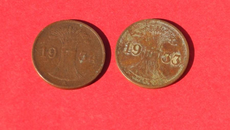 2x 1 Reichspfennig 1933/1934 & ALLIED ATROCITIES and MASSACRES IN GERMANY 1944-51