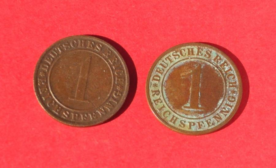 2x 1 Reichspfennig 1933/1934 & ALLIED ATROCITIES and MASSACRES IN GERMANY 1944-51