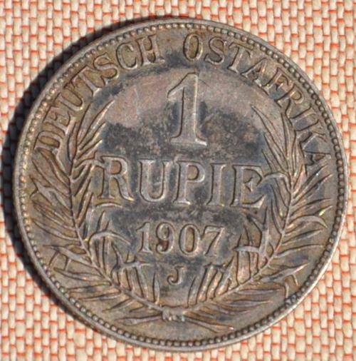 GERMAN EAST AFRICA 1 Rupie 1907 J - Top German 92% Silver Coin VERY NICE TONING