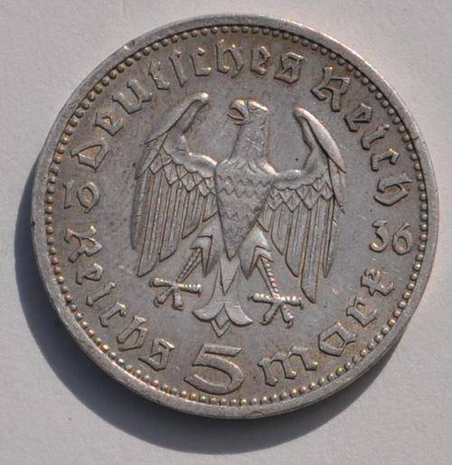 DEUTSCHES REICH - 5 SILVER REICHSMARK 1936 A  - REICHSADLER - Vintage German 90% Silver Coin