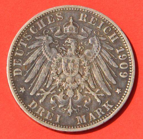 DEUTSCHES REICH 3 MARK 1909 A - (Prussia) IMPERIAL EMPIRE Rare German 90% Ag Silver Coin  UNC 45 EUR
