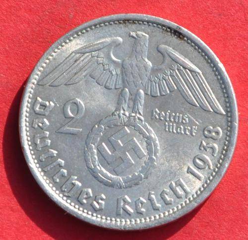 DEUTSCHES REICH - 2 SILVER REICHSMARK 1938 B  Vintage MS German 62.5% Ag Coin in excellent condition