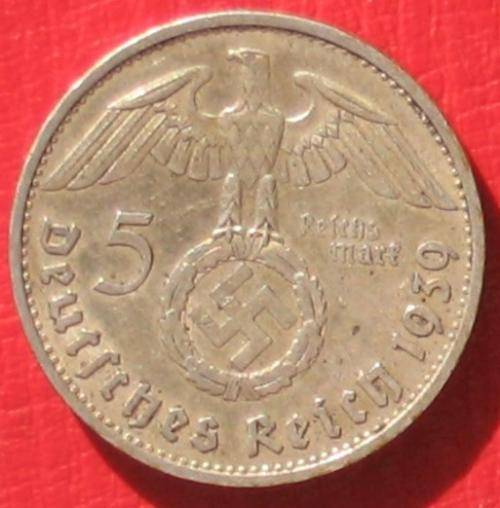 DEUTSCHES REICH - 5 REICHSMARK 1939 - HINDENBURG & SWASTIKA - NO RESERVE
