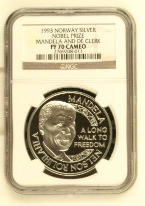 *** PERFECT *** PF70 Cameo - 1993 1oz Silver Mandela and De Klerk Nobel Peace Prize - Hard To Find !