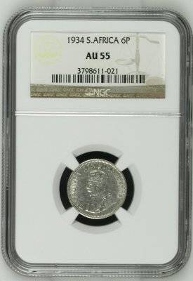 *** Almost UNC *** 1934 Six Pence (6P) - NGC Graded AU55 - Hern's UNC Value = R2,000.00.
