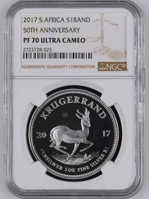 2017 PROOF KRUGERRAND 1oz SILVER - NGC PF70 ULTRA CAMEO - 50th ANNIVERSARY -MINTAGE =15000 - PERFECT