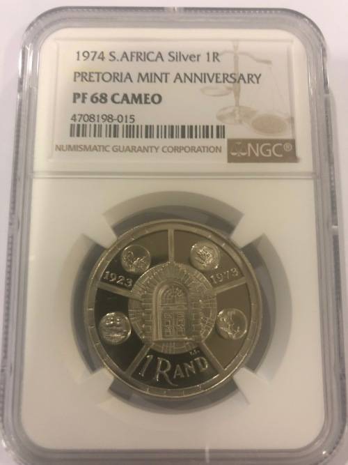 ** Only 1 x Coin Graded Higher ** 1974 Silver R1 - Pretoria Mint Anniversary - NGC Graded PF68 Cameo