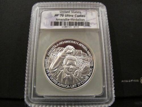 *** Perfect *** PF70 Ultra Cameo - Nelson Mandela USA 1oz Proof Silver Medallion - Crazy R1 Start.