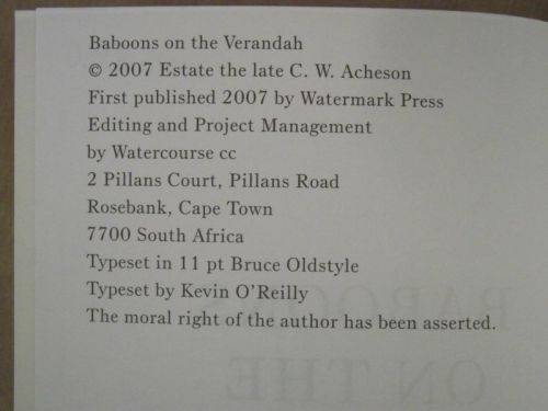 Baboons on the Verandah - C W "Duke" Acheson - First Edition [As New]