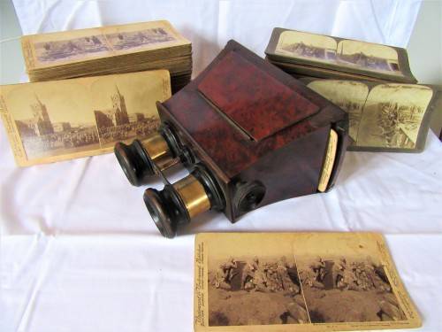 BOER WAR STEREOSCOPE WITH 76 BOER WAR CARDS, PLUS 49 WWI CARDS RARE!!!!!