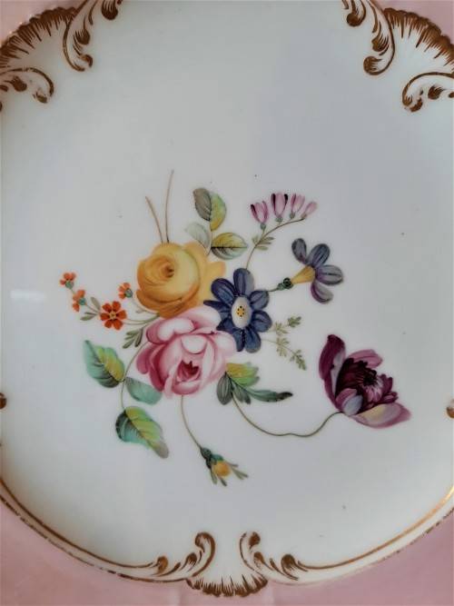 Stunning Antique Rockigham Cabinet Plate, Pink border, Handpainted Bouquet flowers c1830s