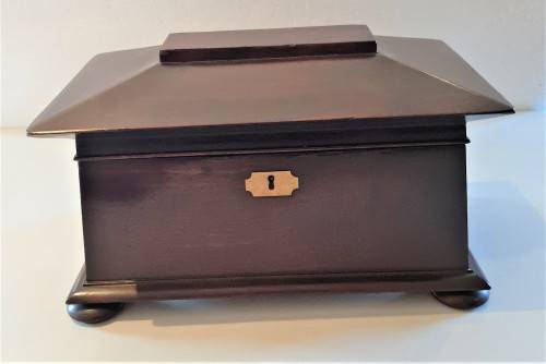 Antique Sarcophagus Flame Mahogany Tea Caddy, original flap lid containers + added Waterford mixer