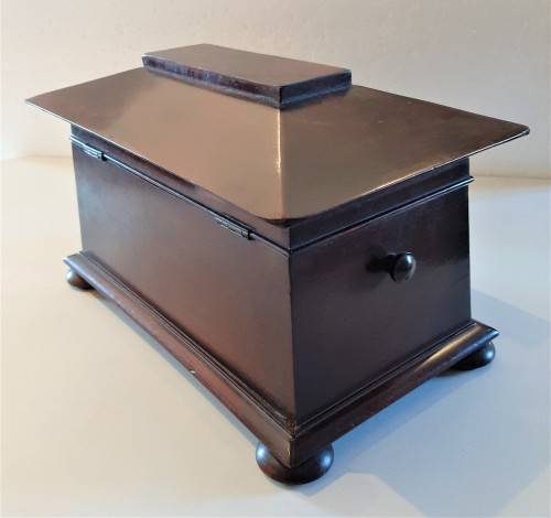 Antique Sarcophagus Flame Mahogany Tea Caddy, original flap lid containers + added Waterford mixer